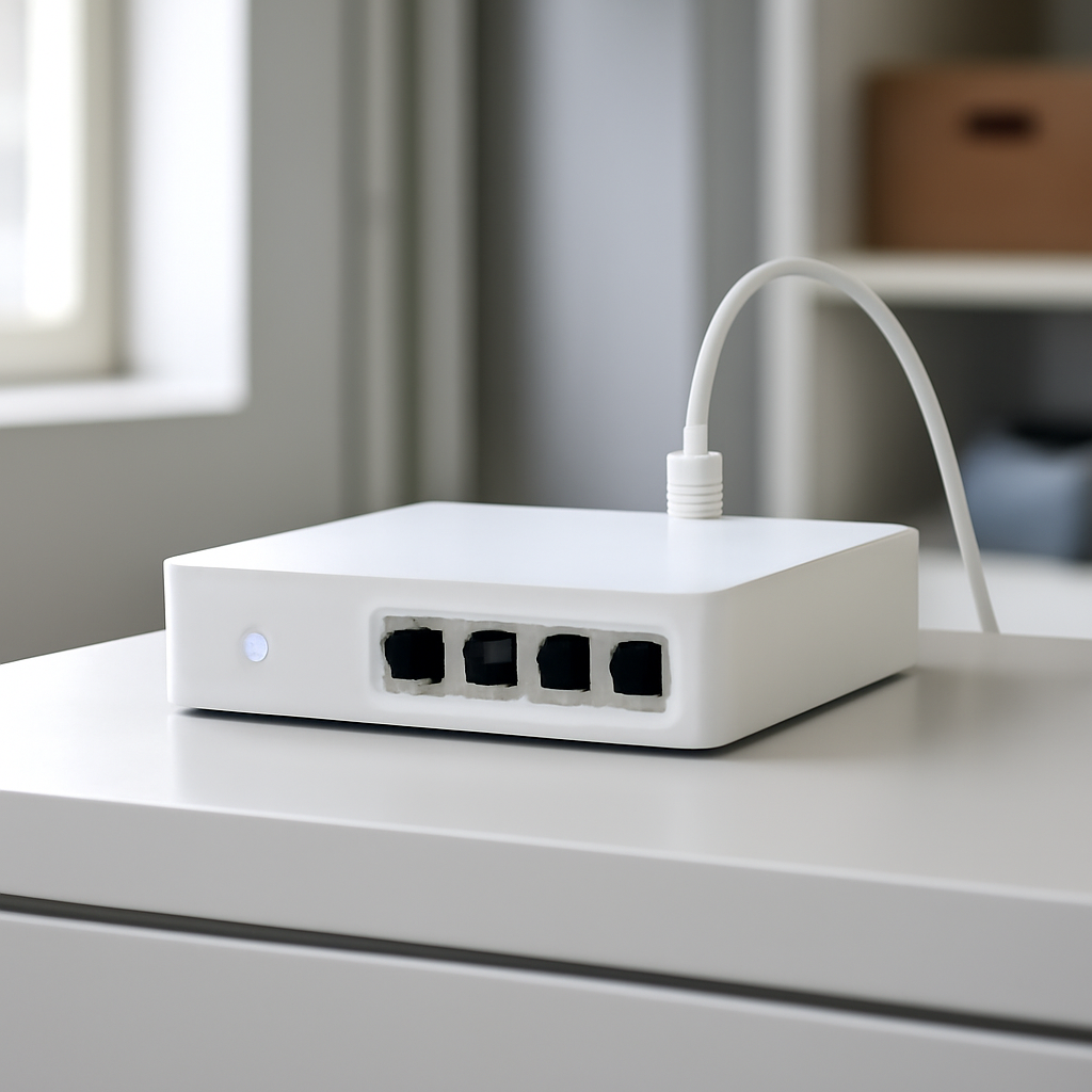 Ubiquiti UniFi OS device in a small business office setting with ambient daylight.