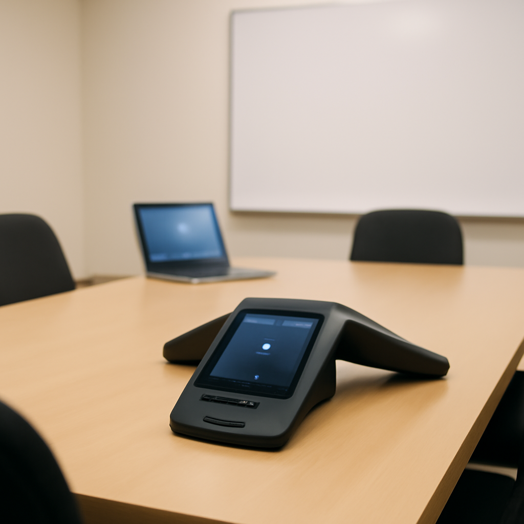 Video conferencing device on a conference room table surrounded by empty chairs.