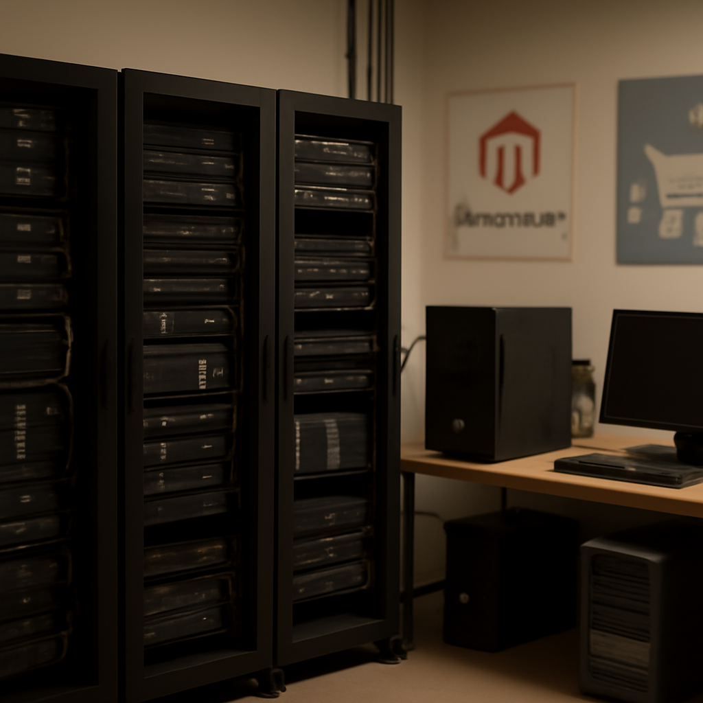 Server racks and computer hardware in a dimly lit e-commerce IT area.