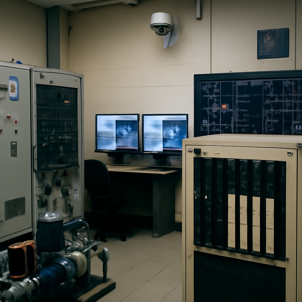 Control room with industrial controllers and equipment in neutral lighting.