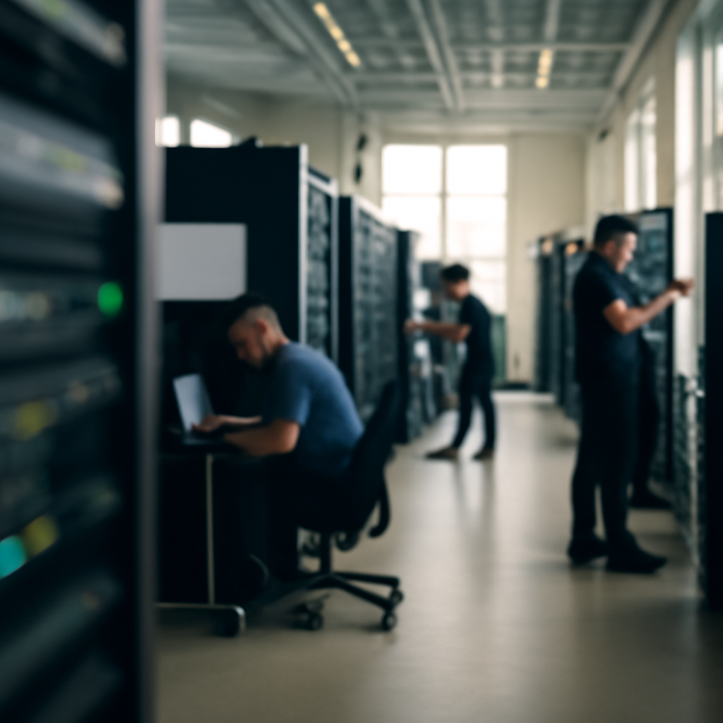 Technicians work in a daylight-flooded network operations center with rows of equipment and server racks.