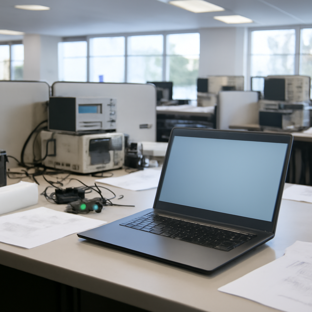 Modern office cubicle with laptop and ambient daylight from nearby windows.
