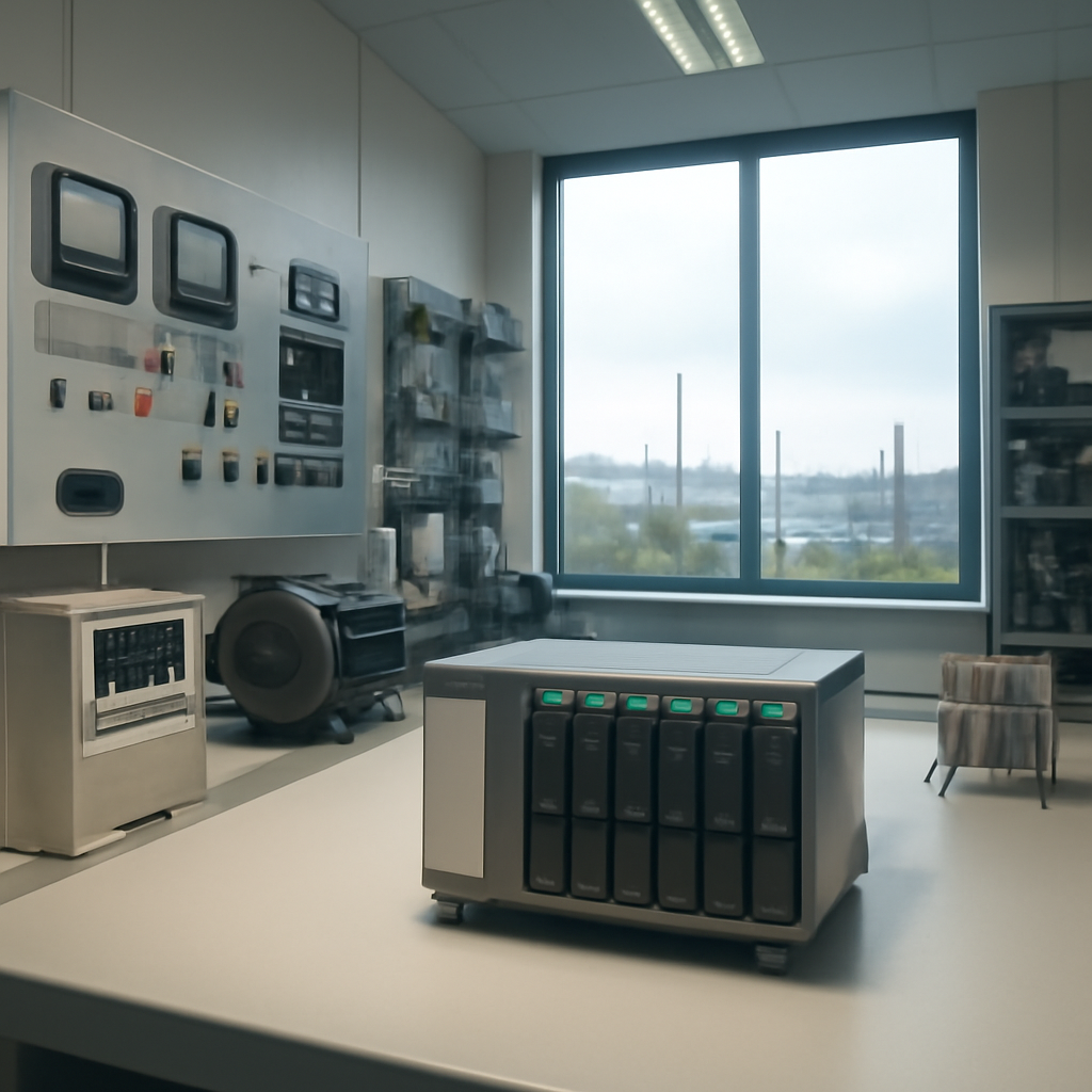 Industrial control room with programmable logic controller on workbench surrounded by equipment.