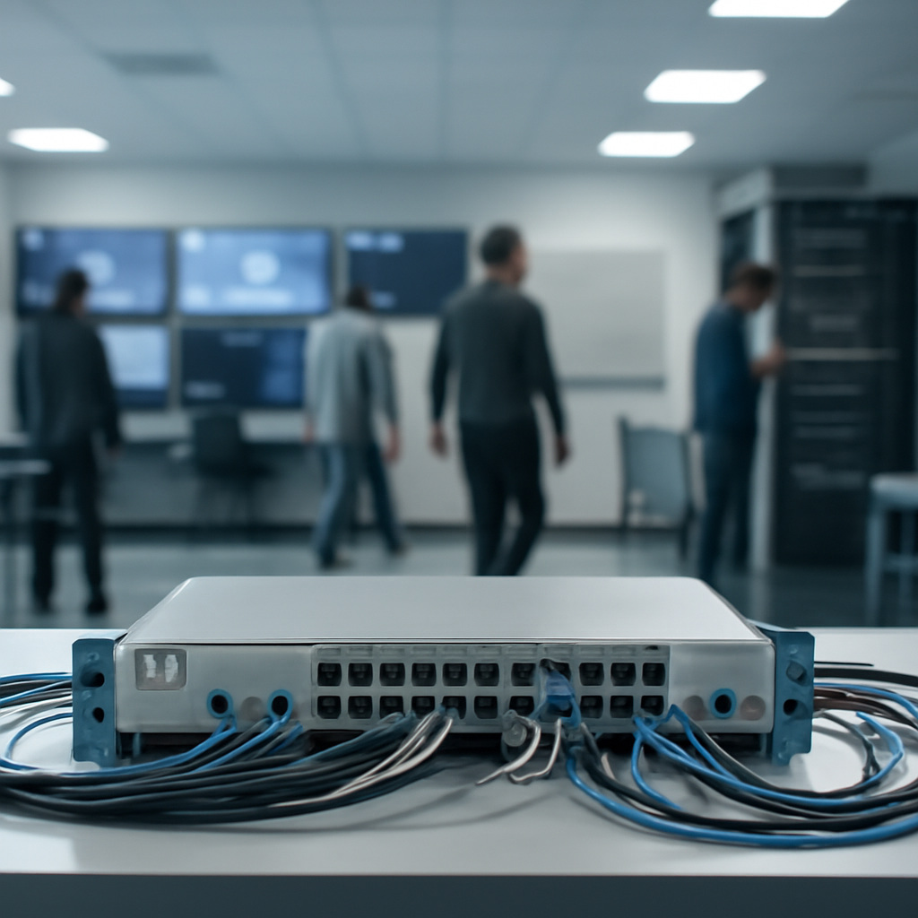 Network operations center with technicians in background and rack-mounted device in foreground.
