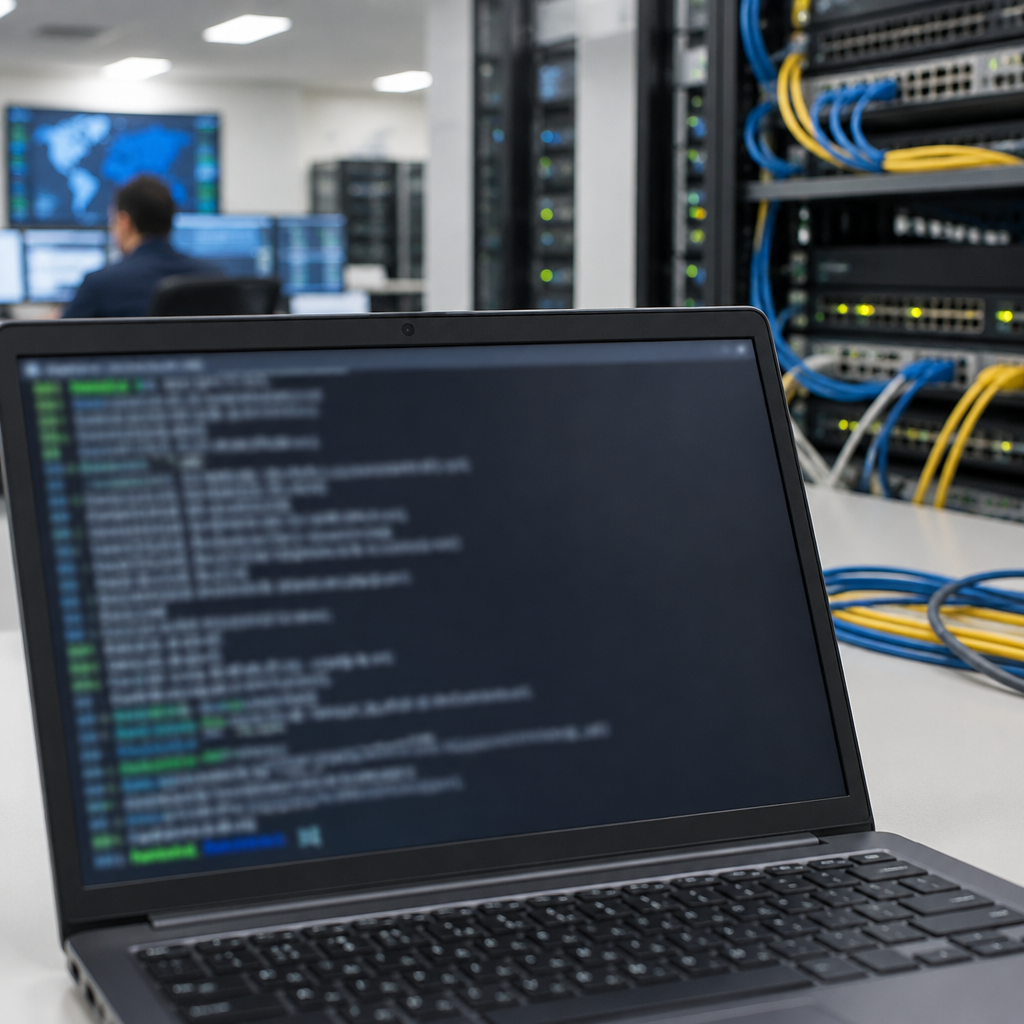 Linux terminal on a laptop screen in a network operations center with blurred command-line interface.