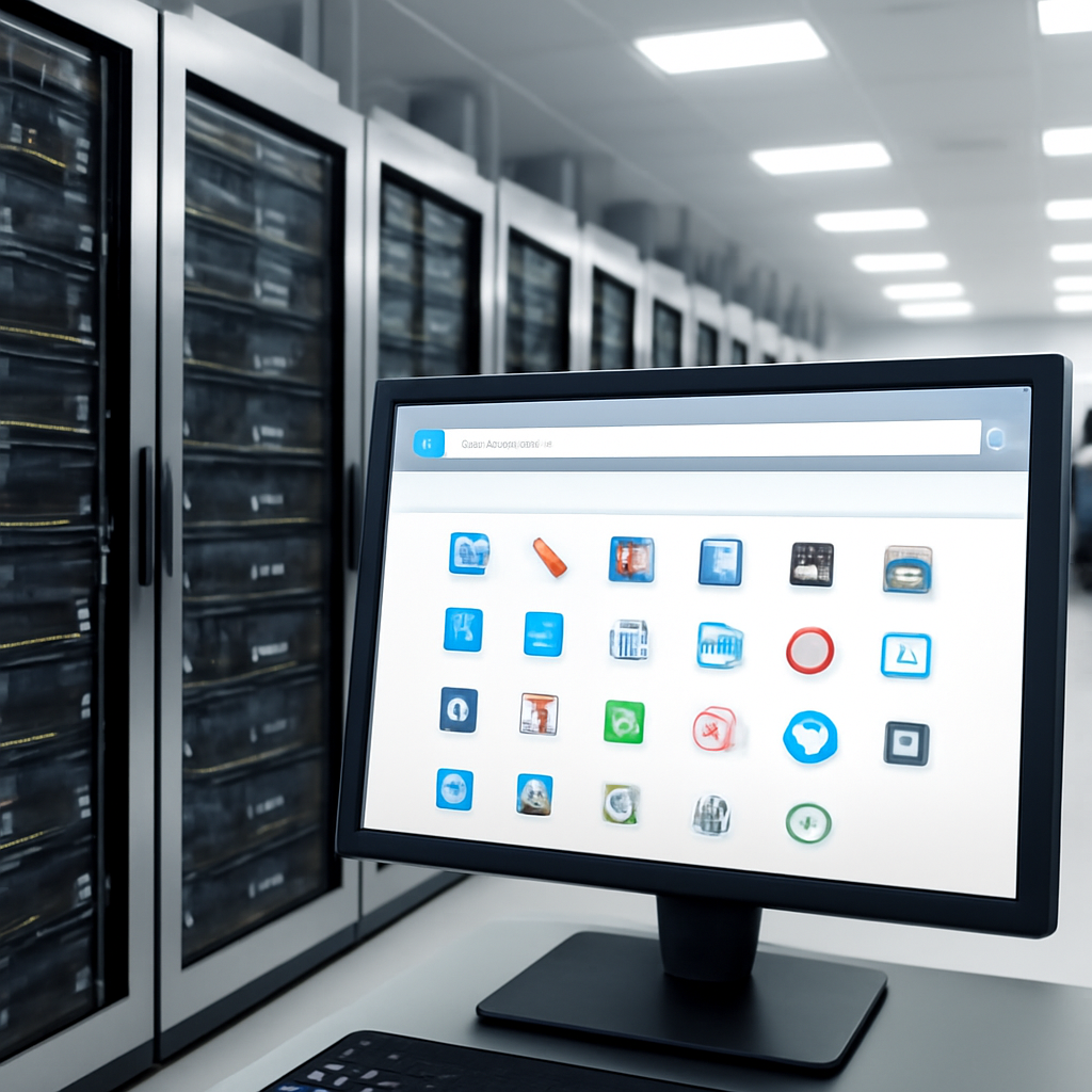 Server room with rows of equipment and a single cPanel interface on a monitor.