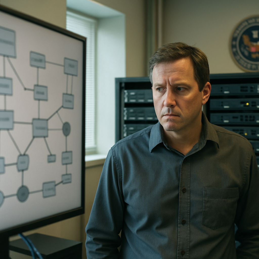 Rows of networking gear on racks in a federal network operations center with a hint of concern.