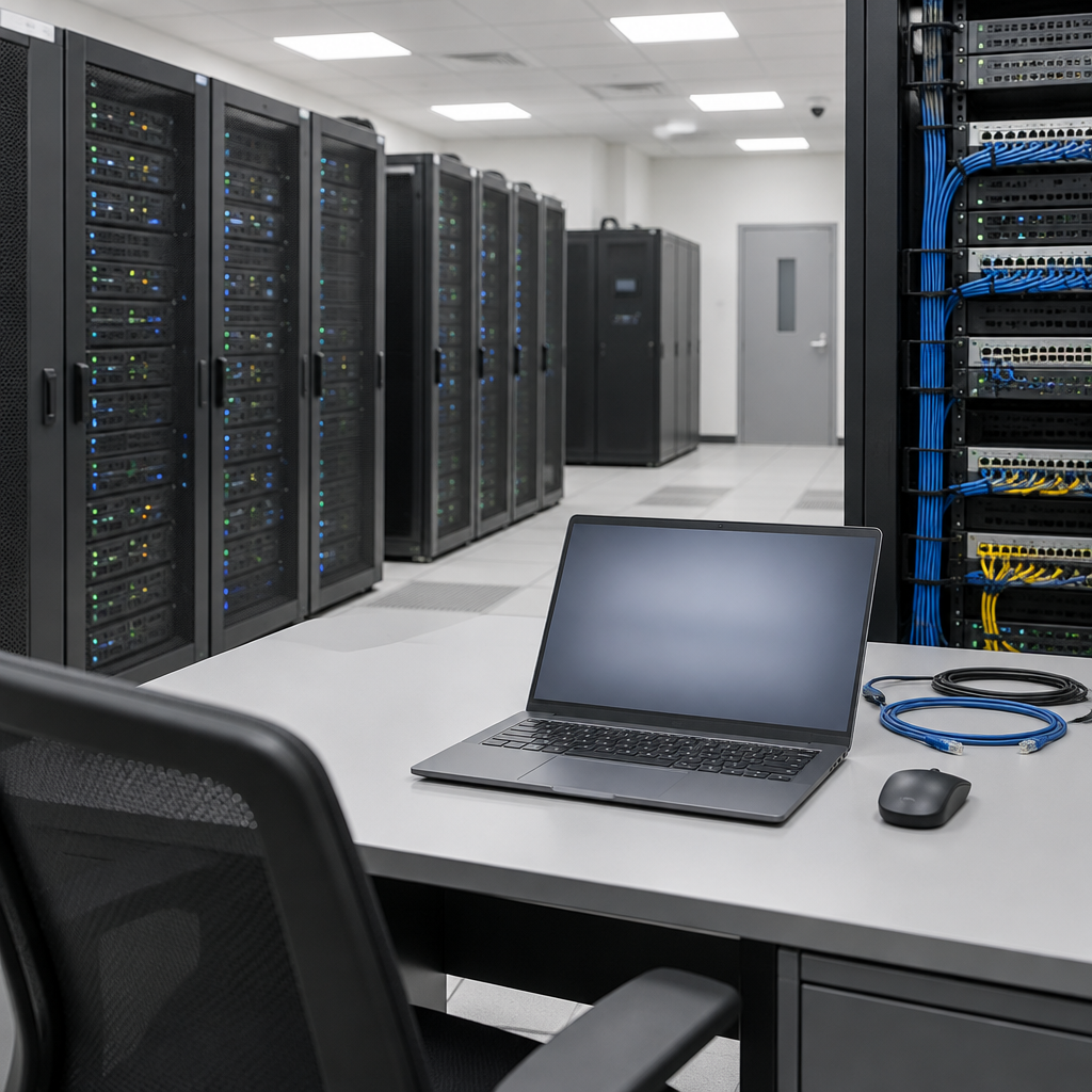 Federal government IT infrastructure room with server racks and a lone workstation.