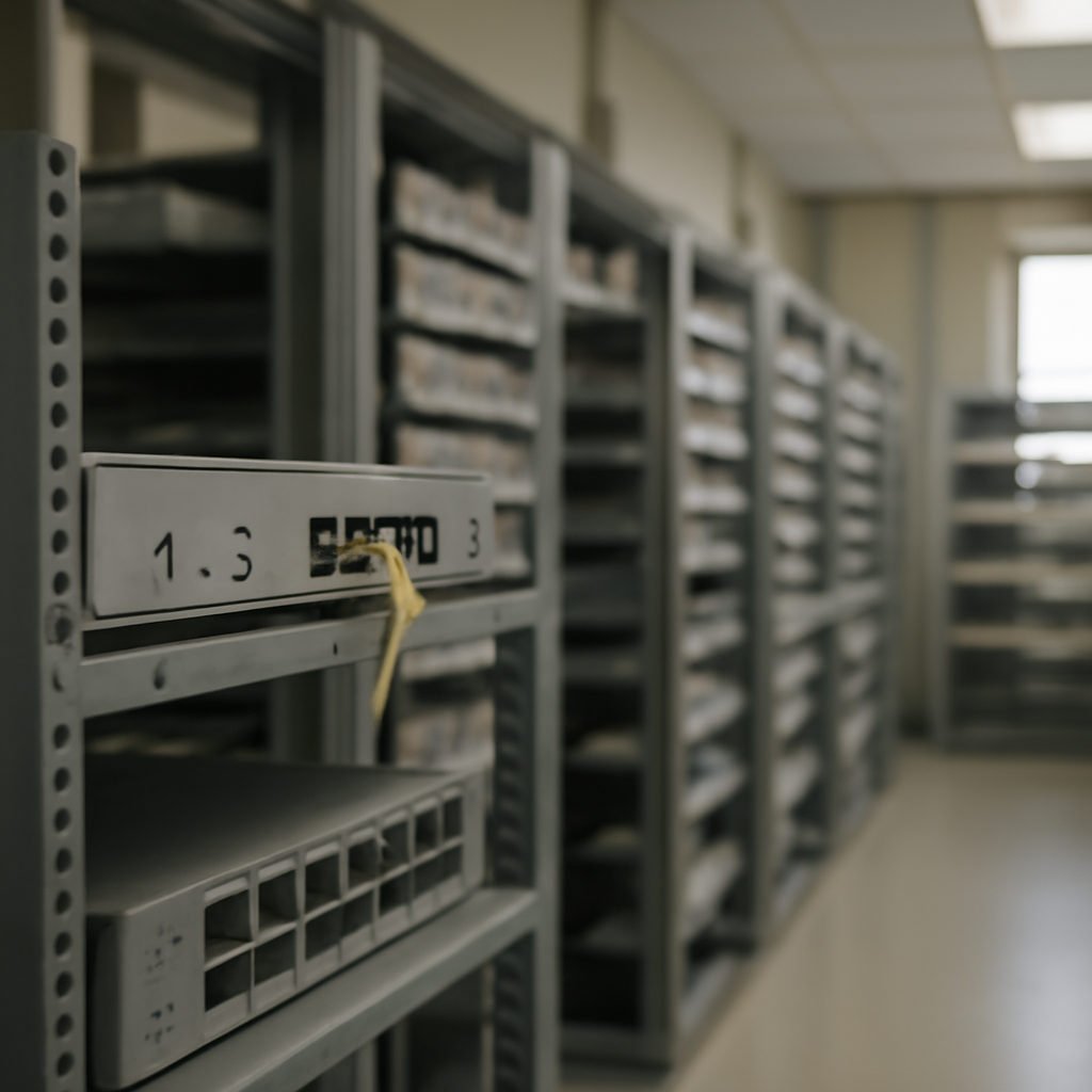 Rows of networking equipment, including a prominent router on a rack with visible lights and interfaces.