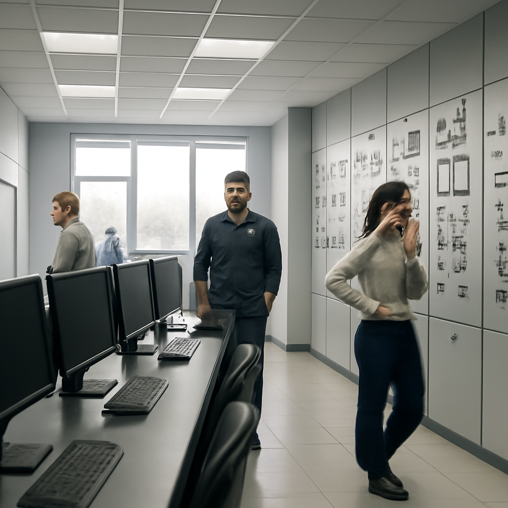 Modern industrial control room with rows of computer screens and control panels, and people in professional attire walking…