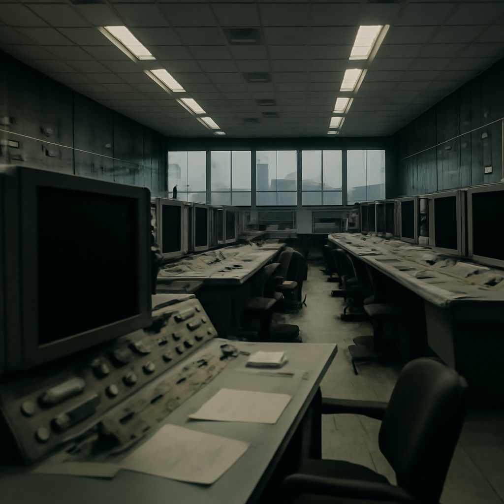 Abandoned industrial control room with rows of blank computer screens and control panels.