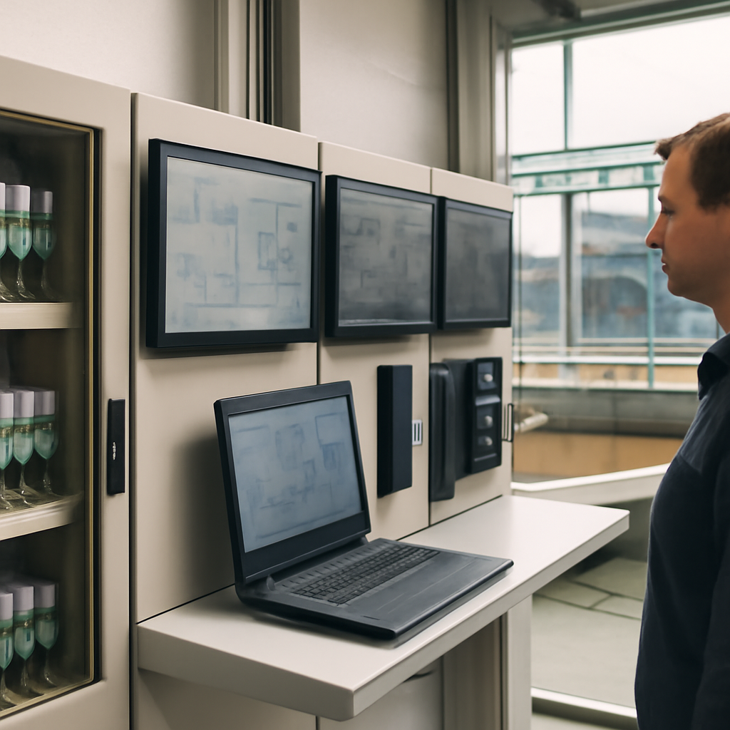 Water treatment plant control room with industrial systems and equipment.