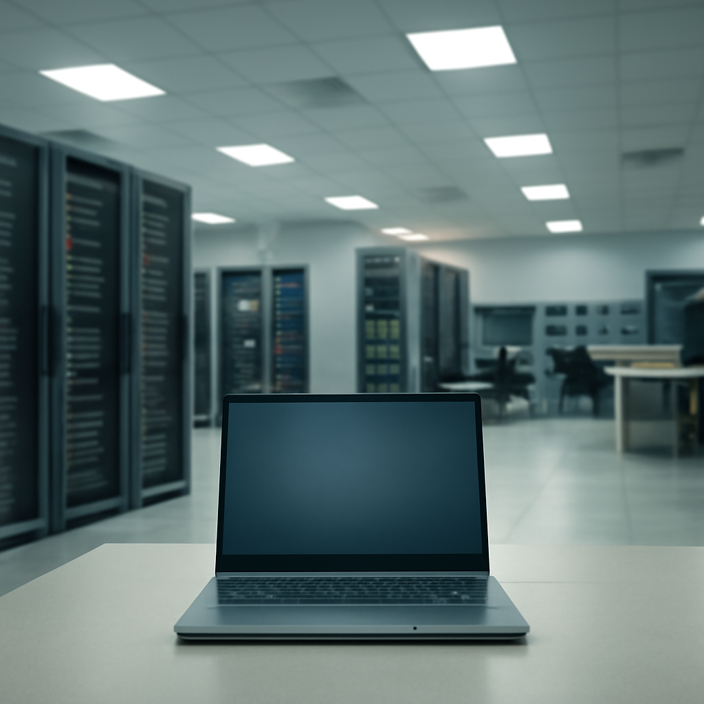 Modern tech company's IT department with rows of server racks and a single computer terminal in the foreground.