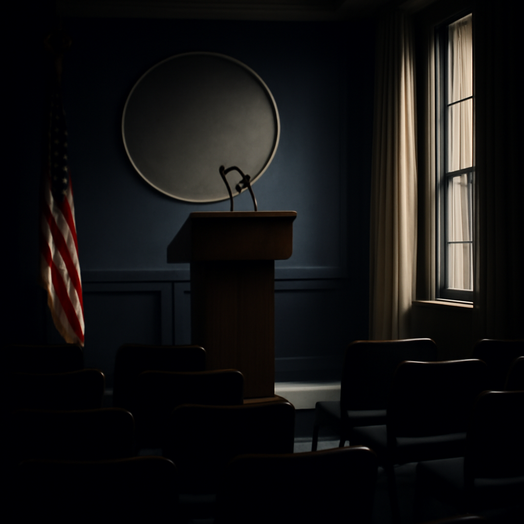 Dimly lit government briefing room with podium and empty chairs.