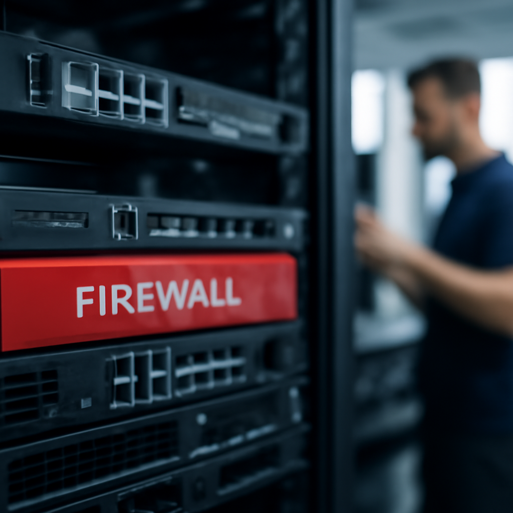 Network equipment room with a security appliance on a rack.