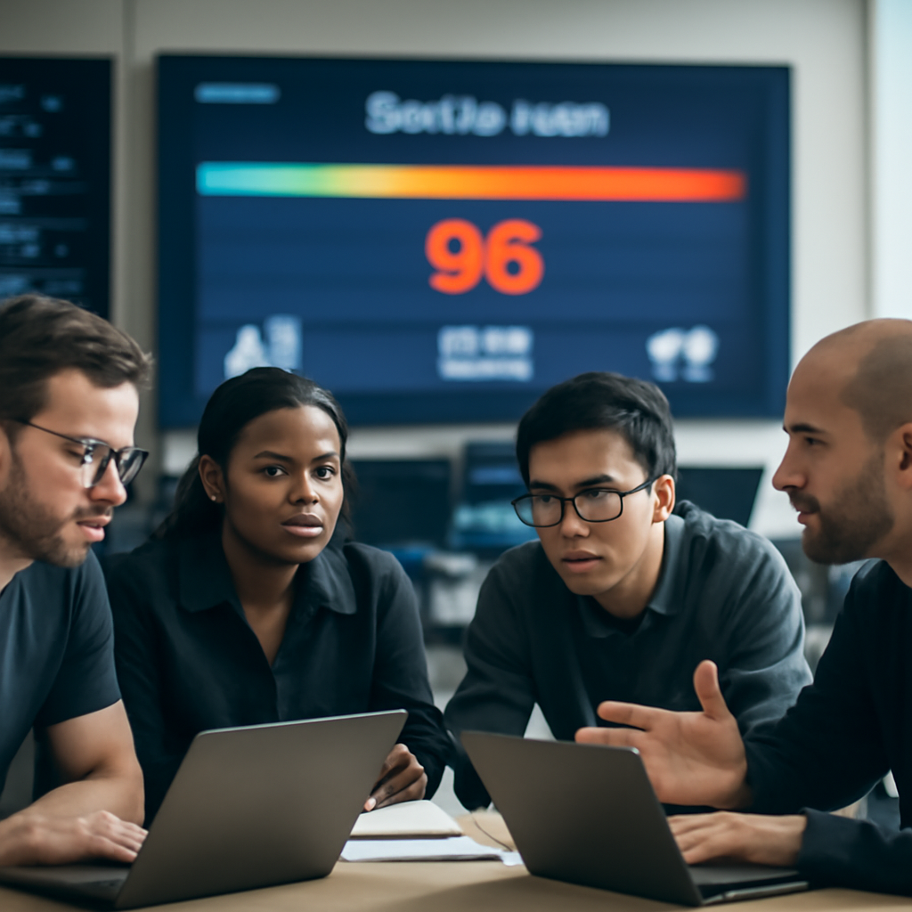 Diverse IT team monitors large screen display showing severity score chart.