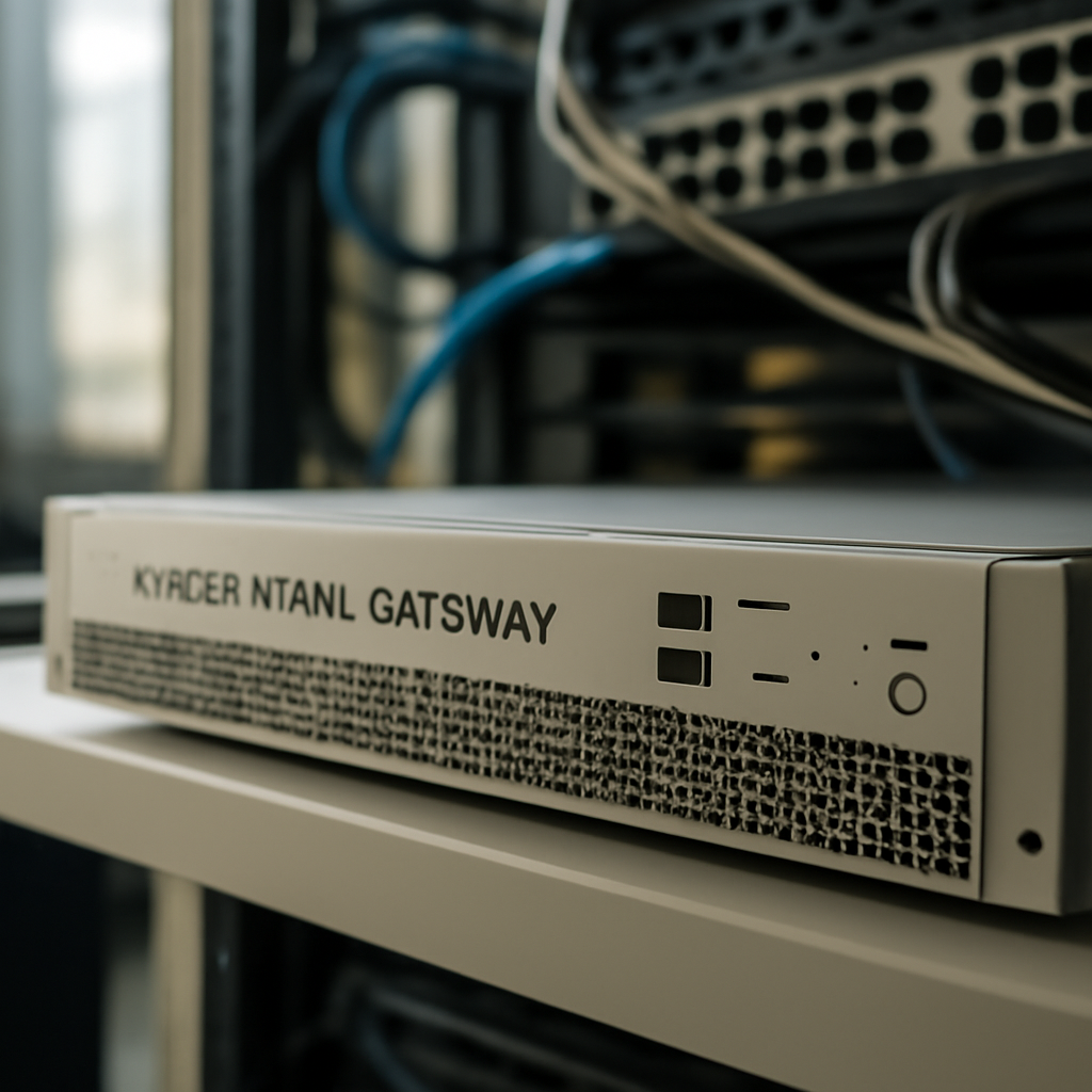 Cisco Secure Email Gateway appliance on a rack with cables, hinting at vulnerability.