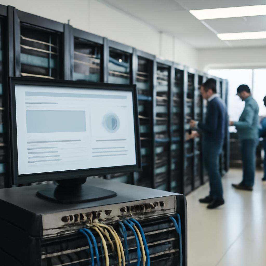 Technicians work on computer servers and networking equipment in a brightly-lit data center.