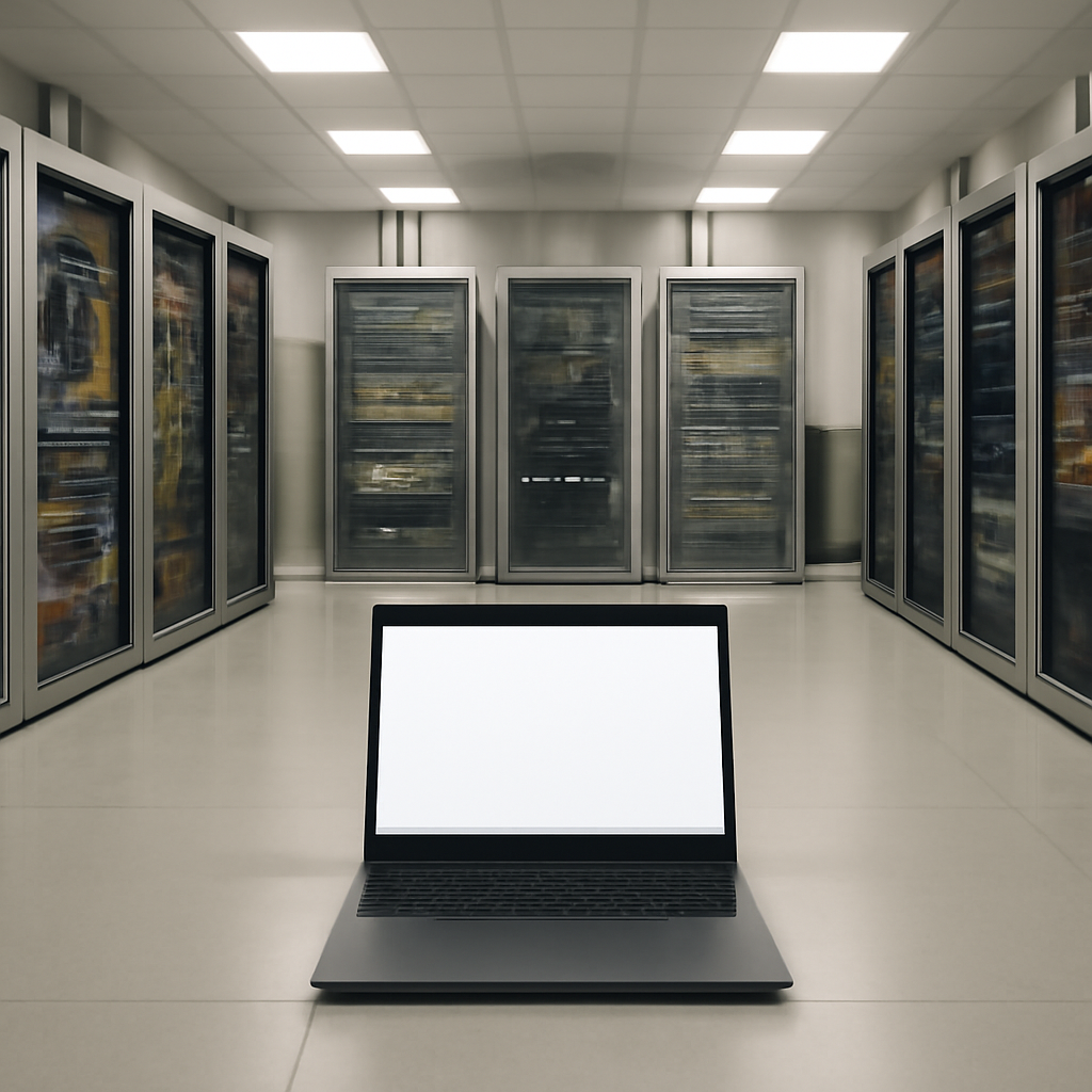 Network operations center with equipment and servers, and a single unoccupied laptop workstation in the foreground.