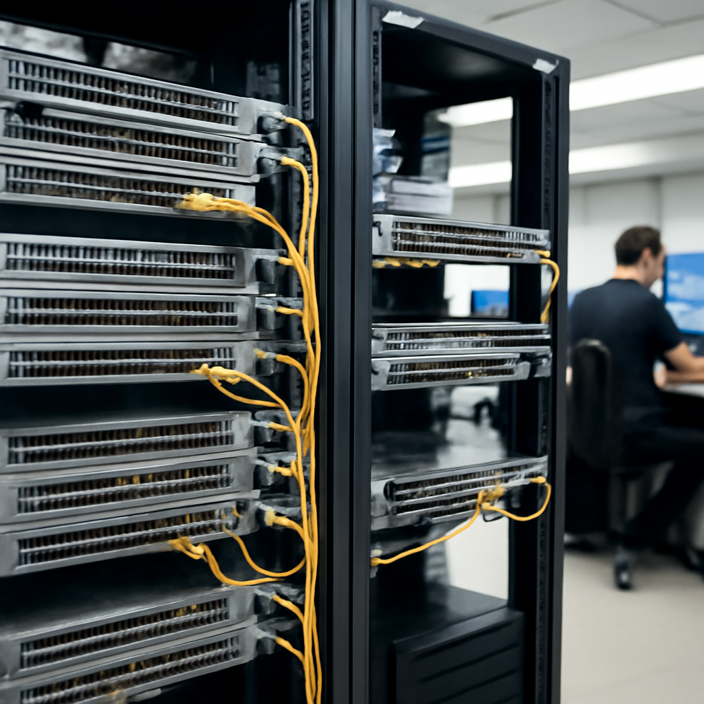 Technicians work in a data center with rows of Cisco Nexus switches and neatly managed cables.