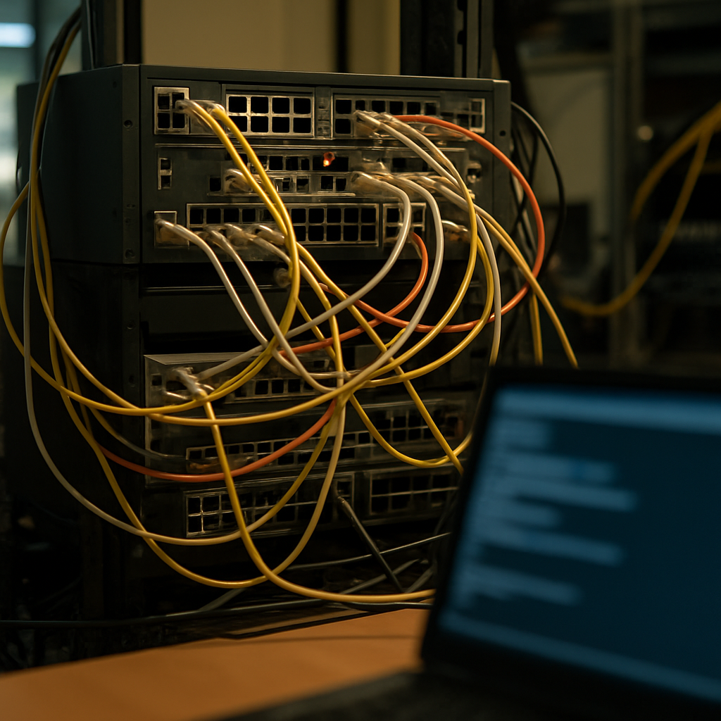Network equipment setup with a large router or switch on a rack, surrounded by cables and gear.