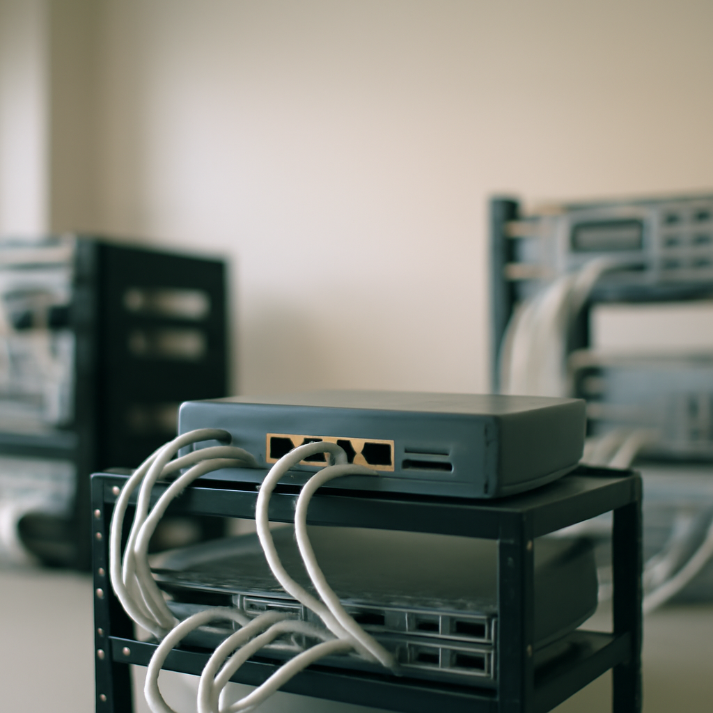 Network operations room with router and equipment on racks in ambient daylight.