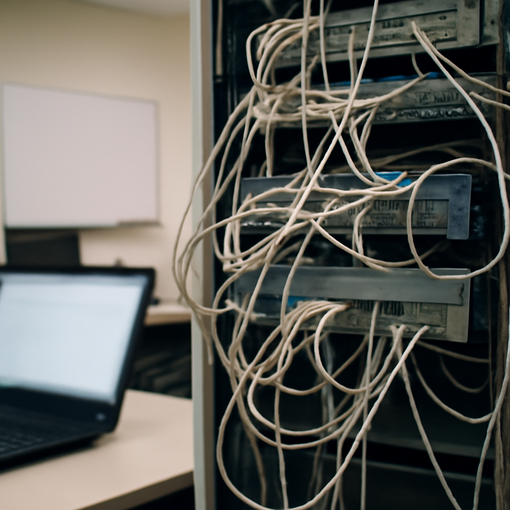 Network operations room with router, cables, and equipment under fluorescent lighting.