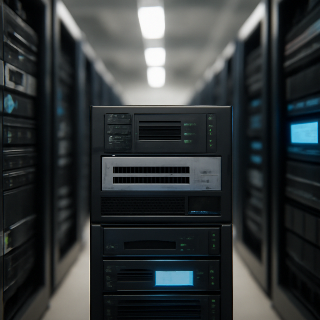 Rows of network equipment and servers in a data center aisle with a central Cisco-like device.