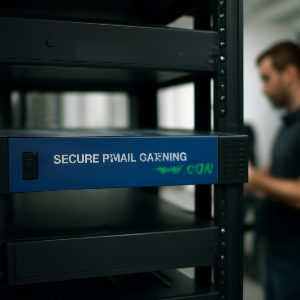 Secure Email Gateway device on a rack in a dimly lit server room with IT staff member working in the background.