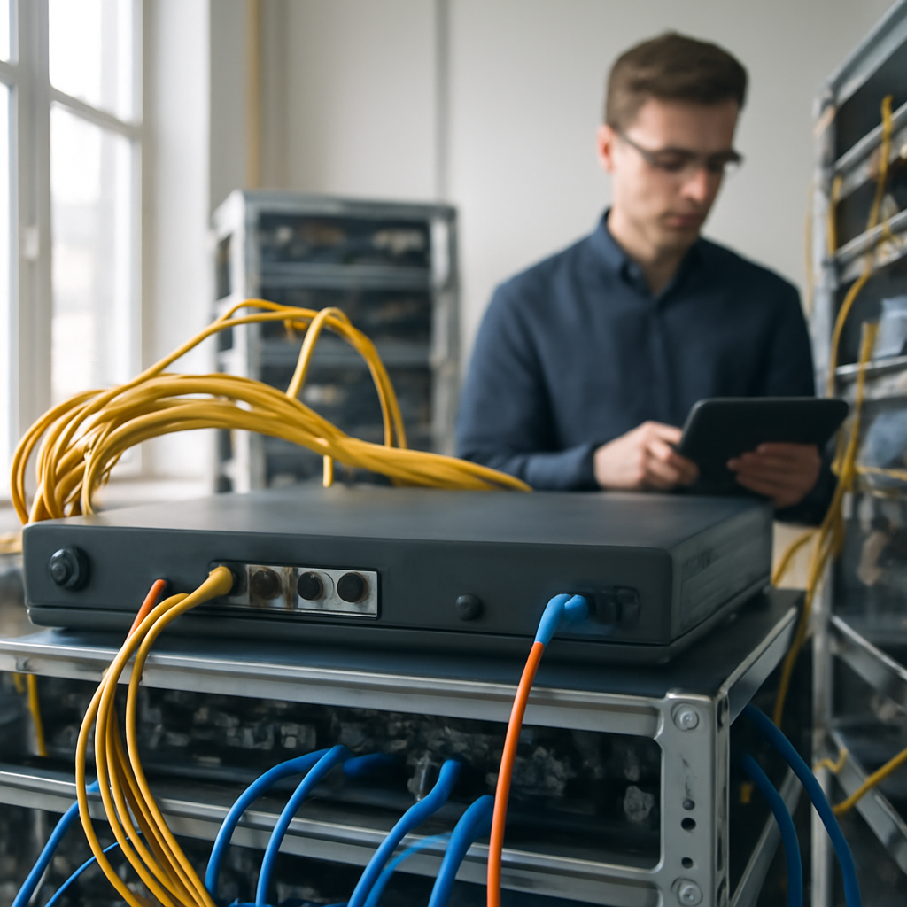 Technician in a network operations room checking equipment surrounding a central router.