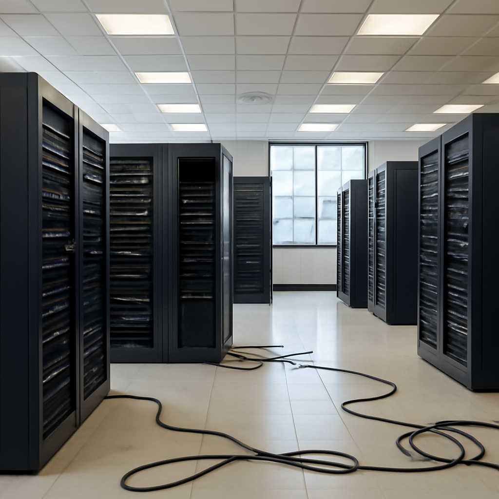 Empty server room with rows of computer servers and networking equipment.
