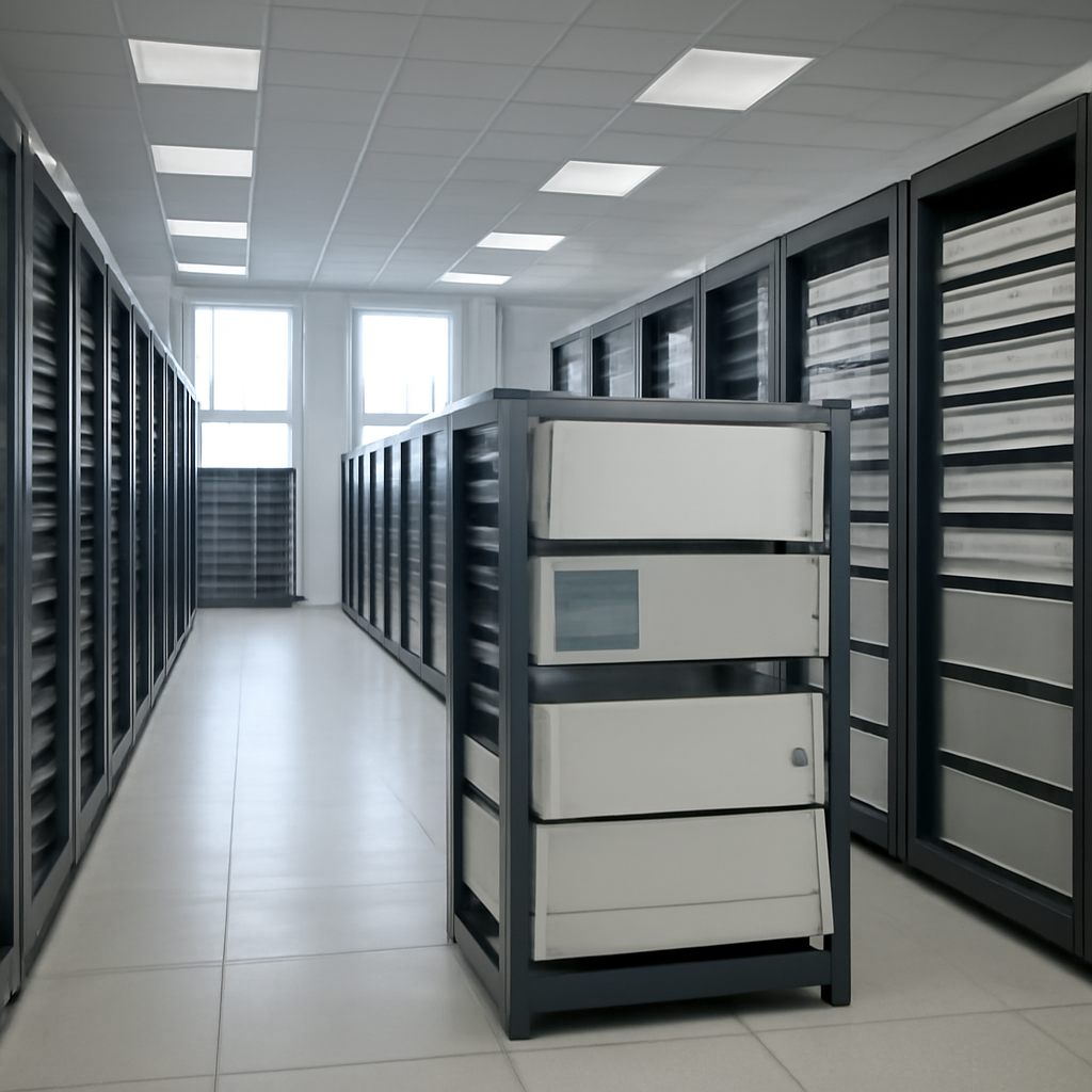Rows of equipment racks and Cisco Secure Email Gateway appliances in a brightly-lit server room with daylight from tall…