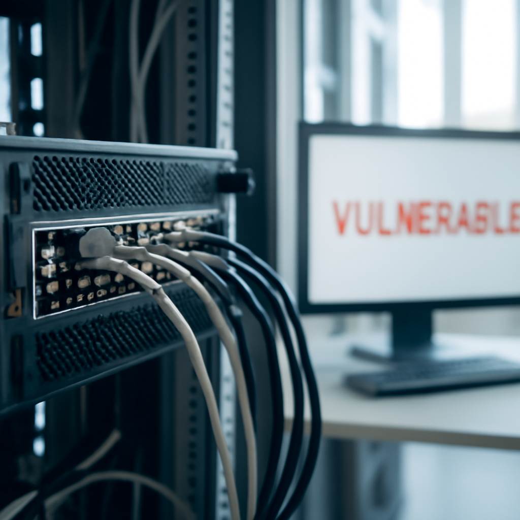 Server rack in a data center with exposed vulnerabilities under ambient light.