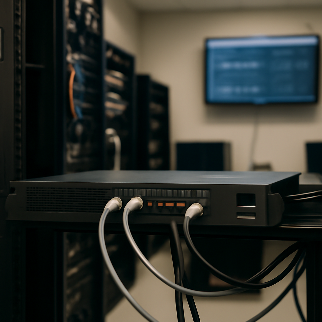Network device on a rack in a calm, mid-tone data center room.
