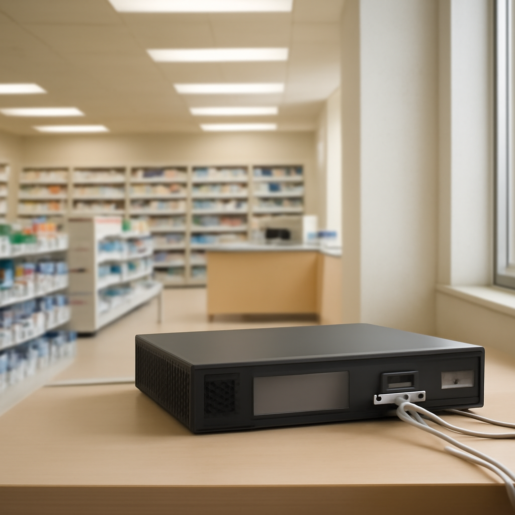 Empty pharmacy store interior with a network device on a table.