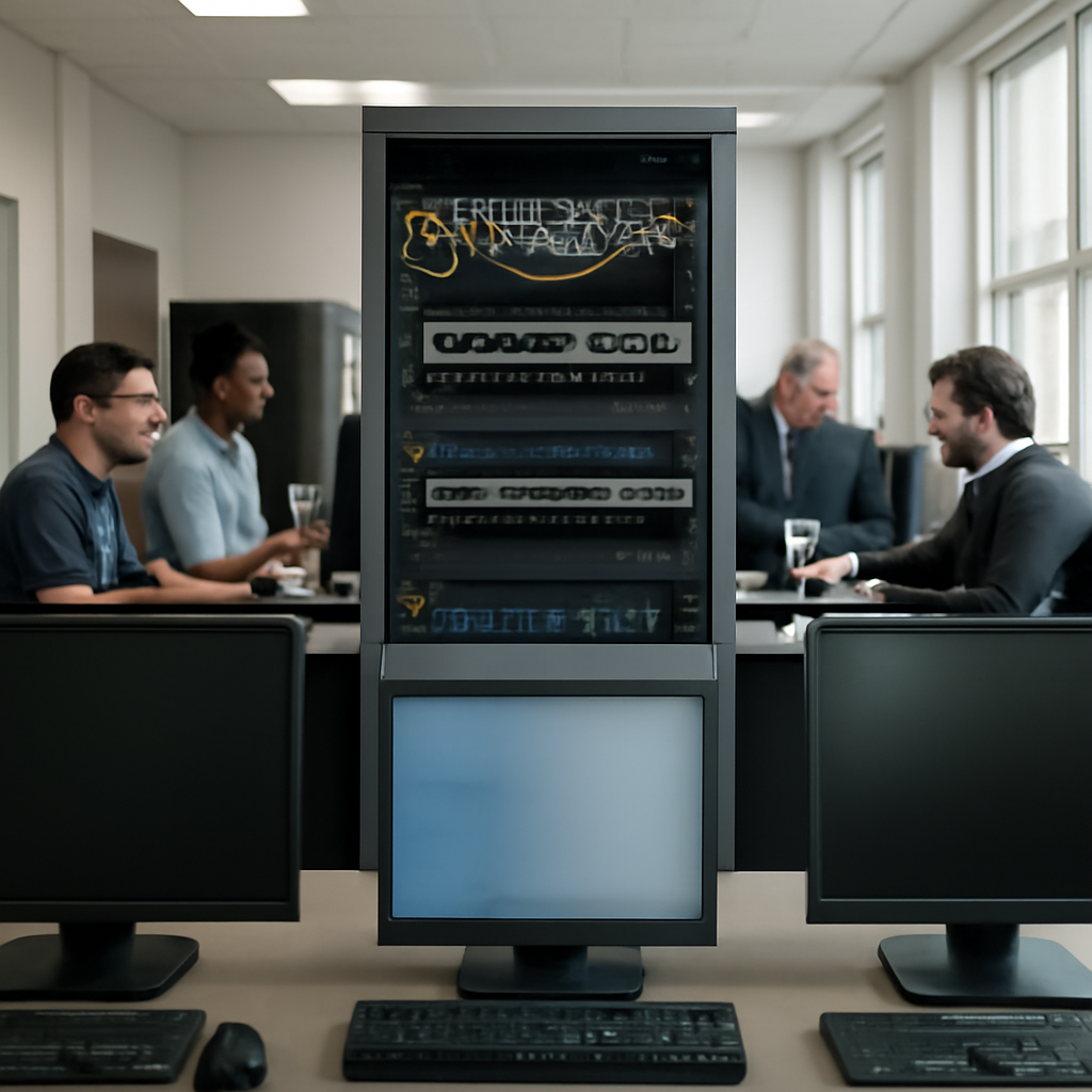 Network operations center with technicians working calmly near equipment racks and computer workstations.