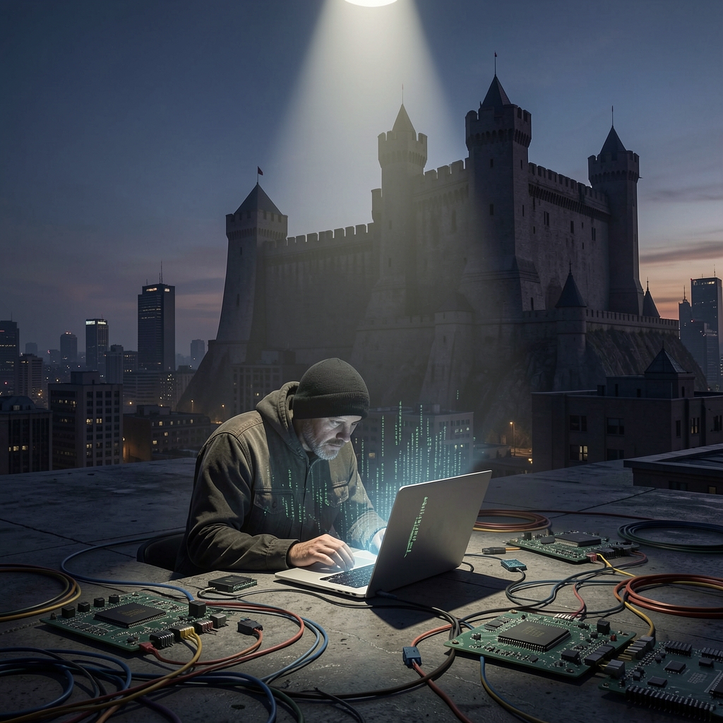 Lone figure hunched over laptop surrounded by wires and circuit boards with code glowing on screen, with a looming fortress…