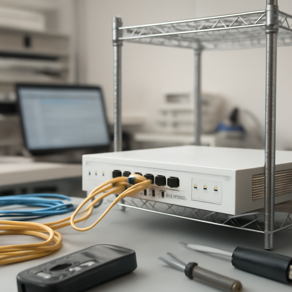 Network equipment and tools in a well-lit lab setting with a router on a workbench.