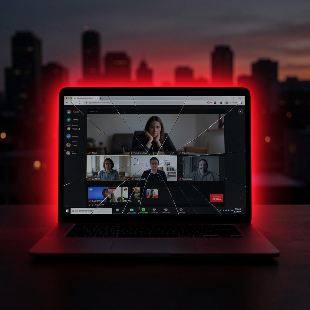 Dimly lit laptop screen with cracked video conference interface surrounded by urgent red light and ominous cityscape shadow.