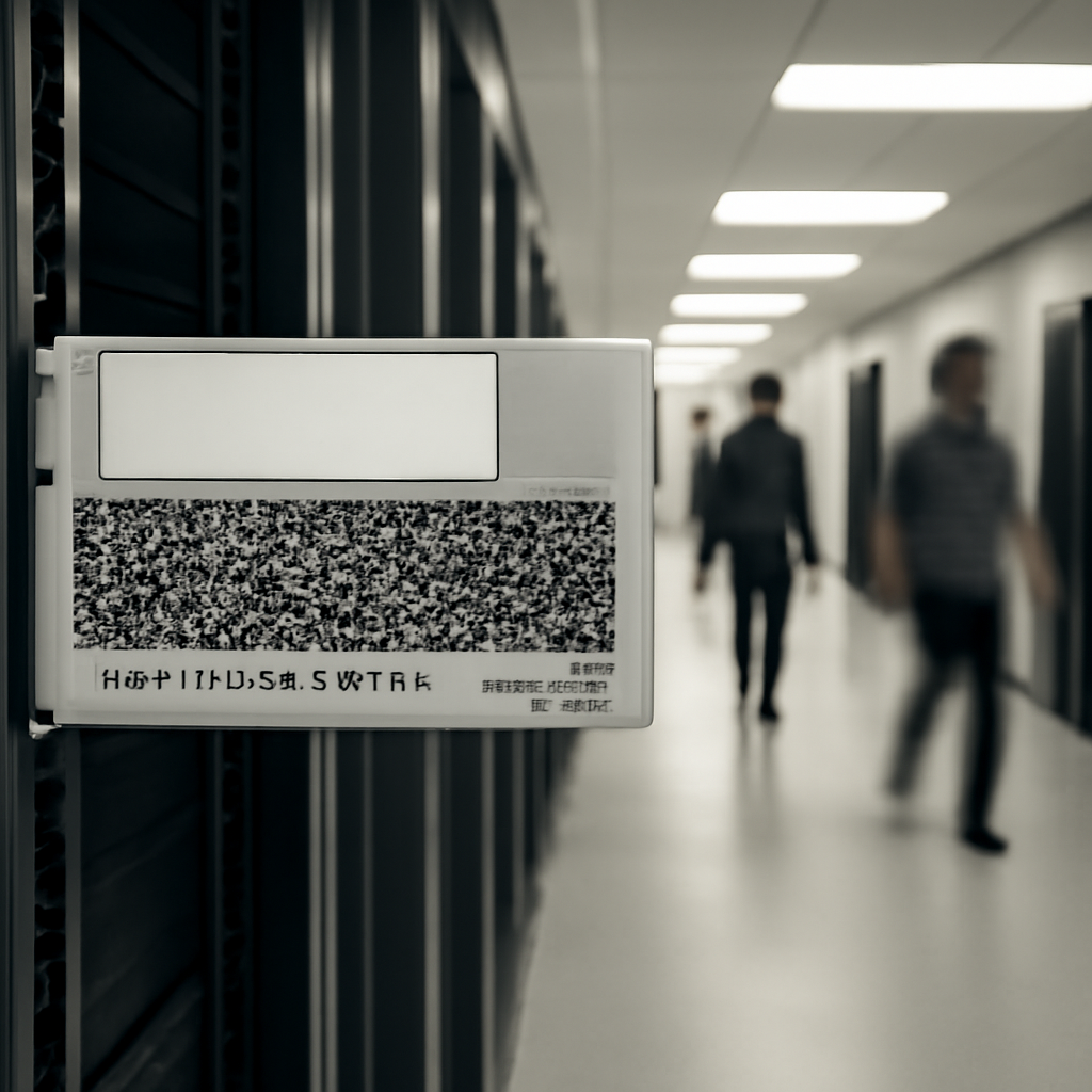 Cisco Secure Firewall Management Center device on a rack in a network operations center corridor.