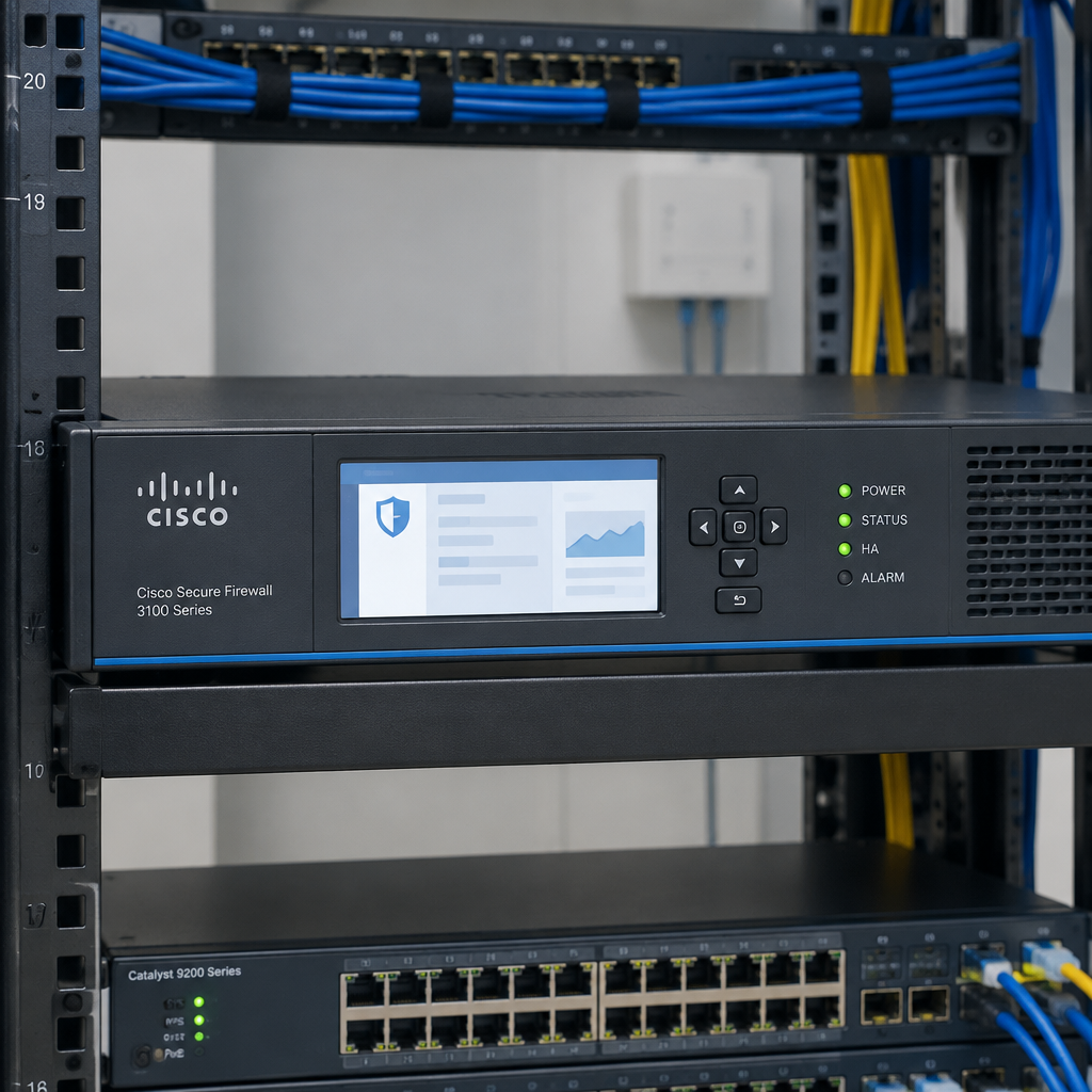 Cisco networking device on a rack with cables in a professional IT setting.