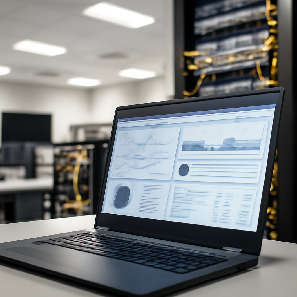 Network management system interface on a laptop screen in a modern office space.