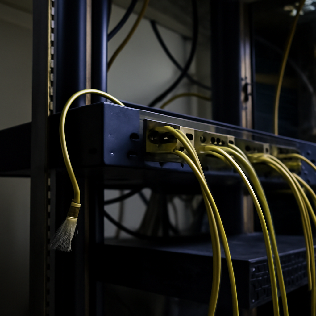 Network device on a rack in a data center with a neutral background.