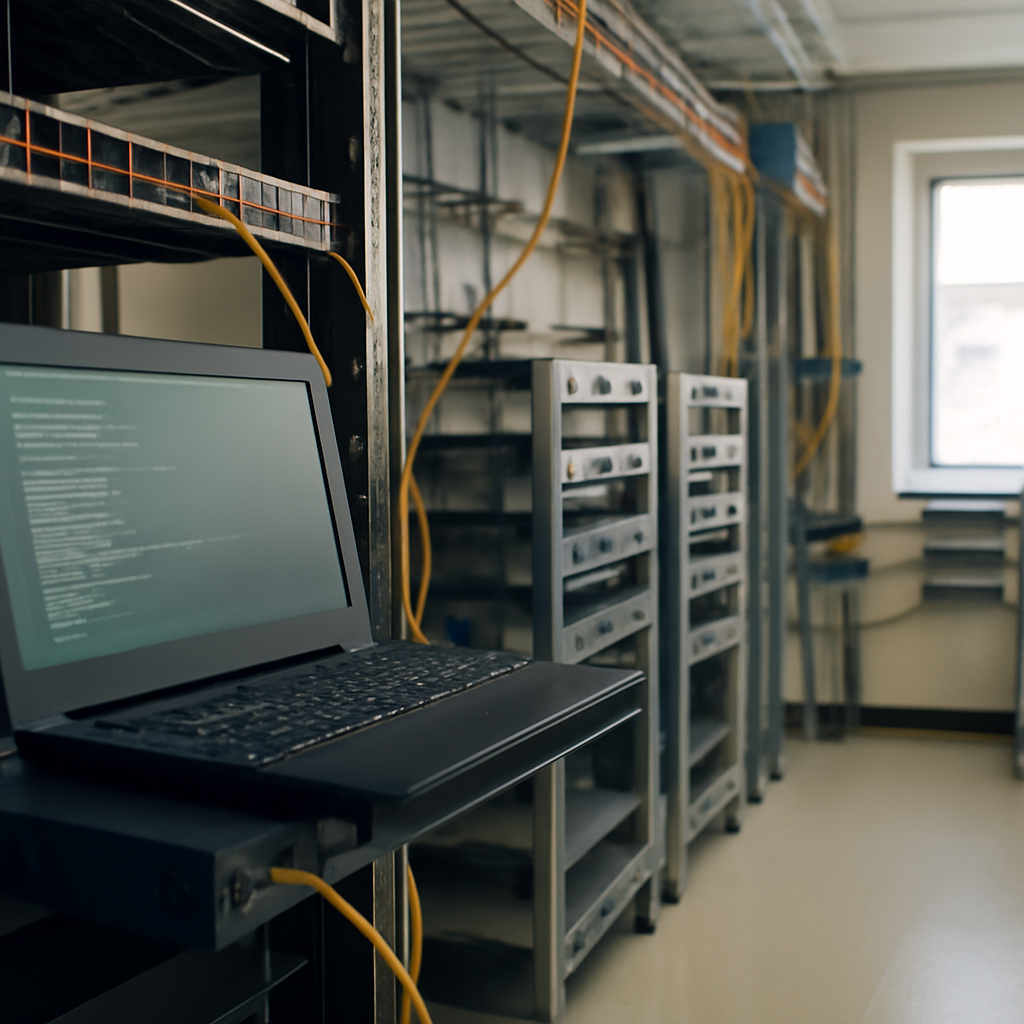 Network operations center with router configuration terminal and standard enterprise networking equipment.