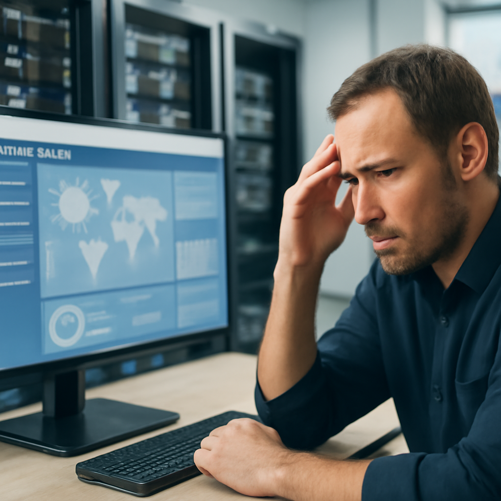 Network management system interface on a monitor with blurred background.