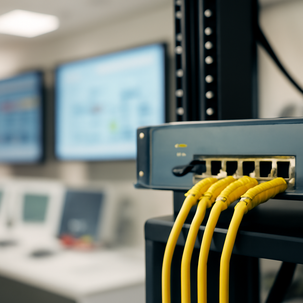 Network device on a rack in a brightly-lit control room with blurred monitoring screens.