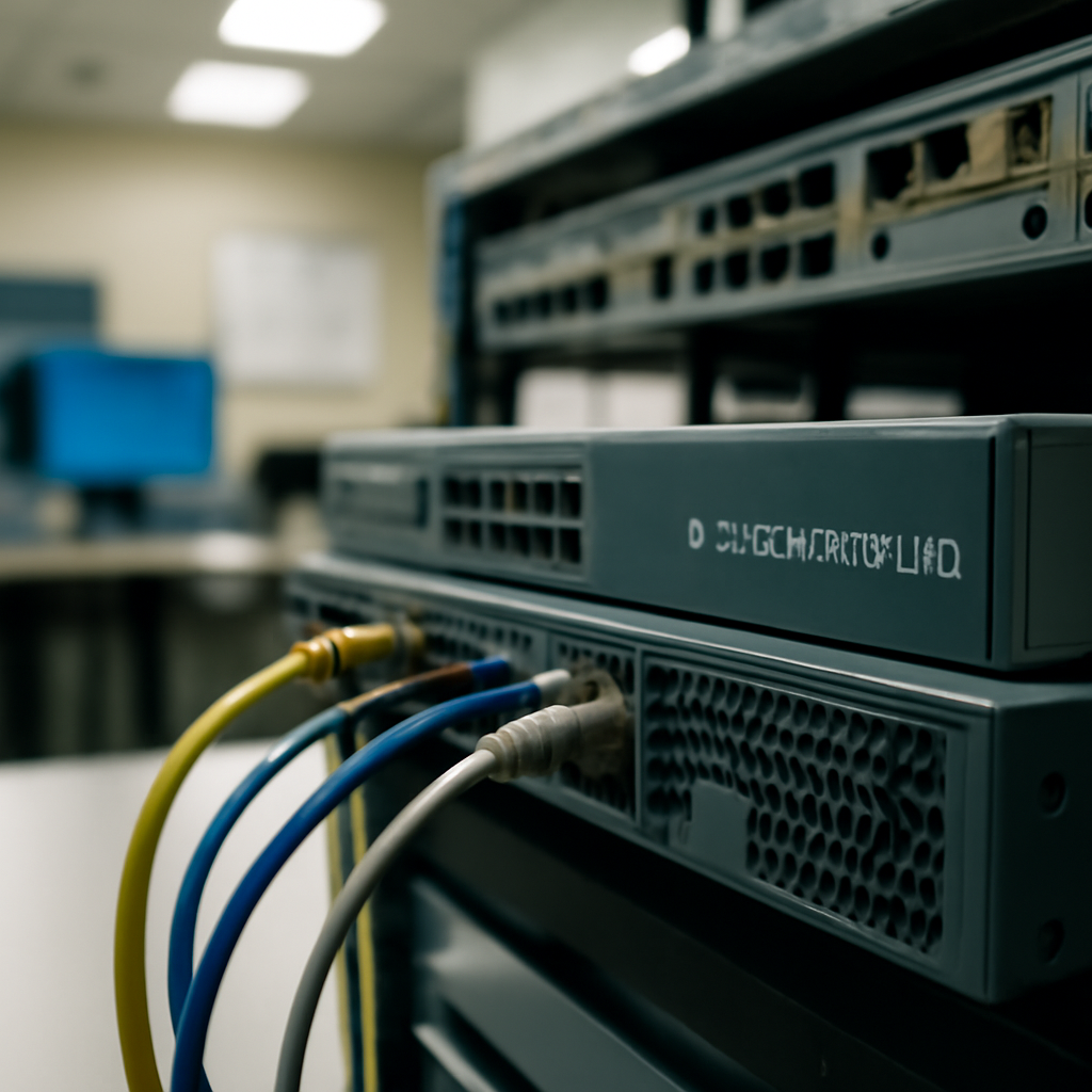Network operations room with a central controller device on a desk amidst computer equipment.