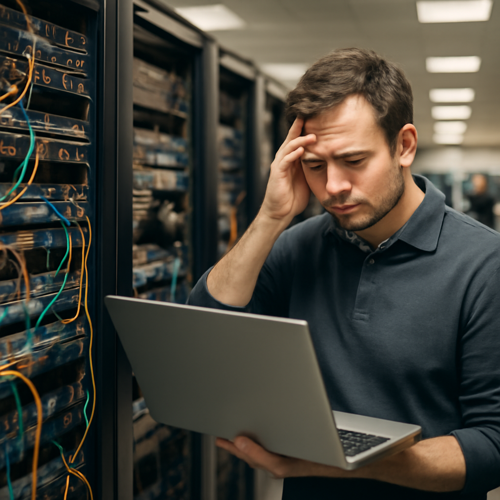 Technician looks concerned while examining laptop screen near network equipment rack.