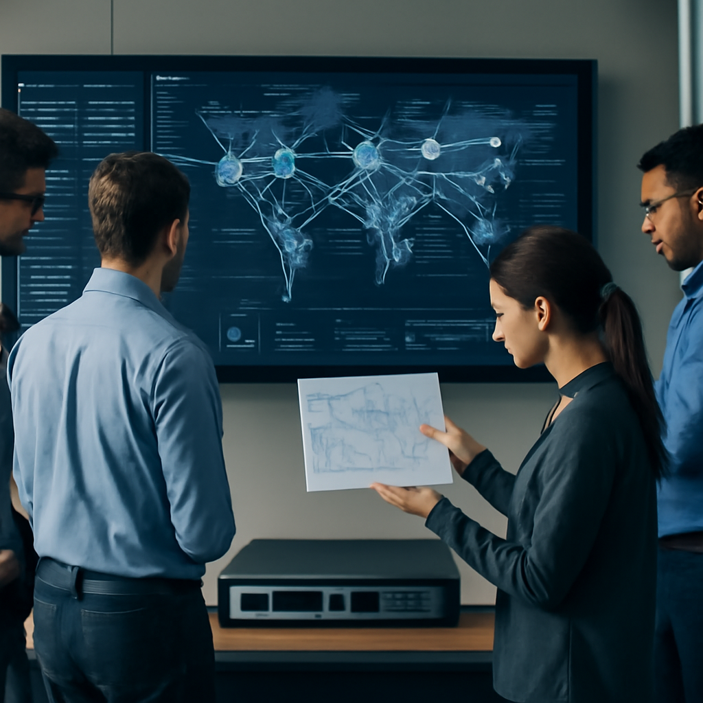 Technicians examine a large router and network diagram in a control room with a map of network topology on a screen.