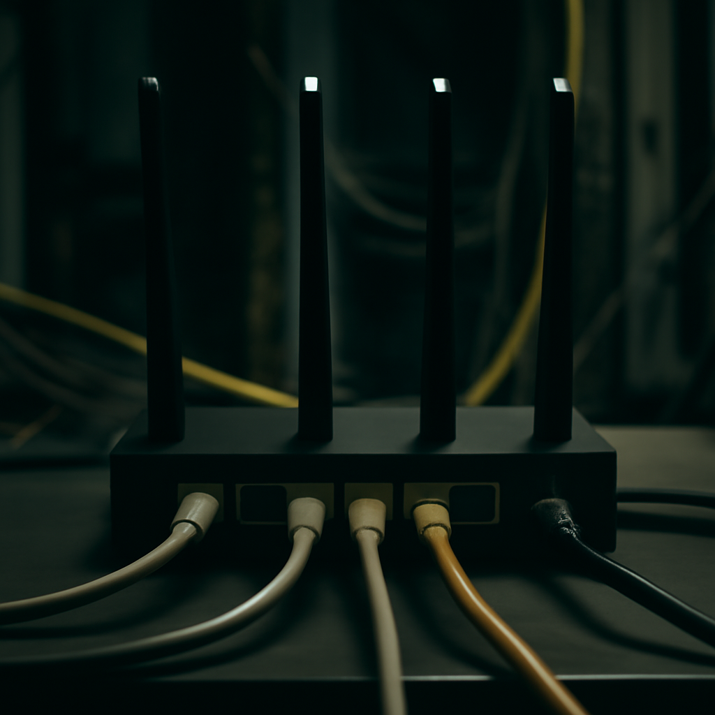 Network router in a dimly lit server room setting.